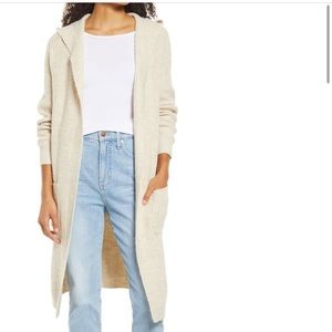 Caslon Ribbed Hooded Long Cotton Blend Cardigan